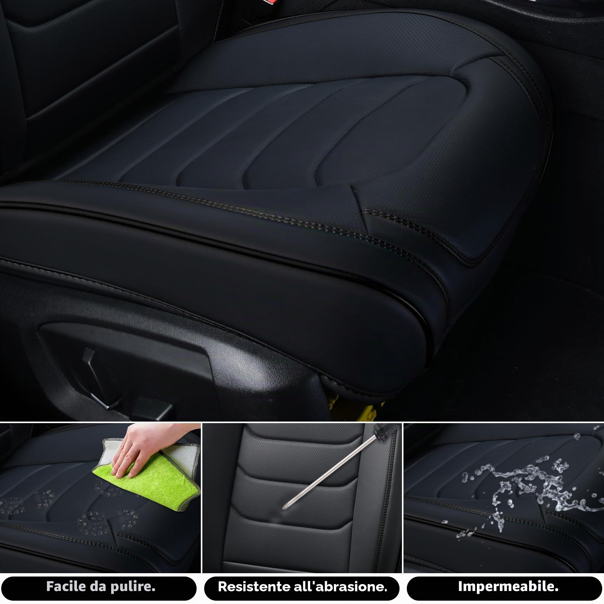 FLORICH Coprisedili per Auto Set Completo 5 Pezzi Coprisedili Anteriori e Posteriori in Pelle Universale Coprisedili Impermeabili per Auto Berlina, SUV, Camion (Completo, Nero