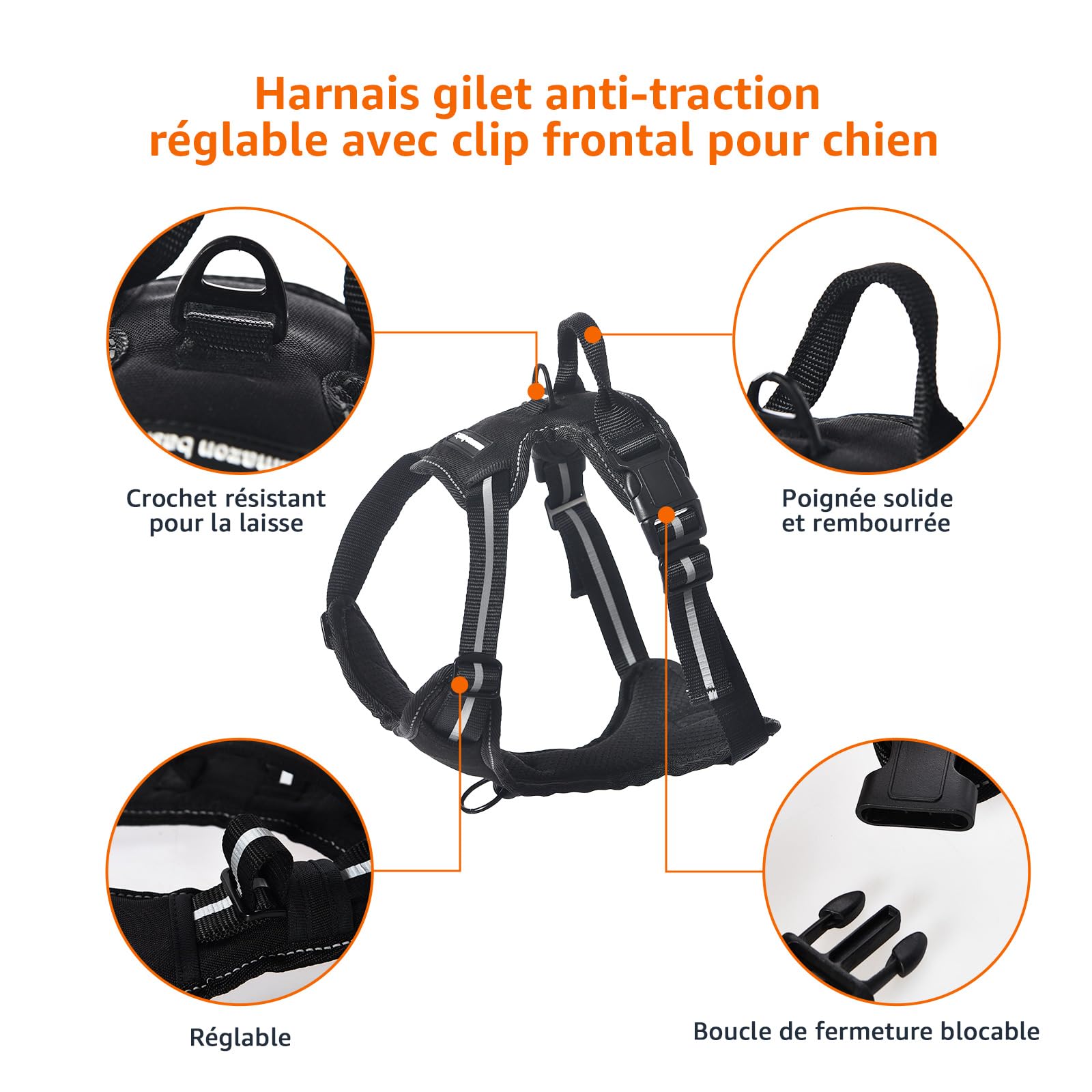 Amazon Basics Harnais pour chien sans traction, réglable et rembourré avec bandes réfléchissantes, Noir, Taille M