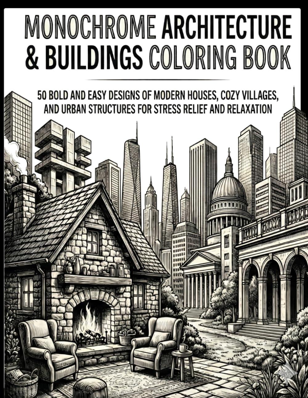 Monochrome Architecture & Buildings Coloring Book: 50 Bold and Easy Designs of Modern Houses, Cozy Villages, and Urban Structures for Stress Relief and Relaxation