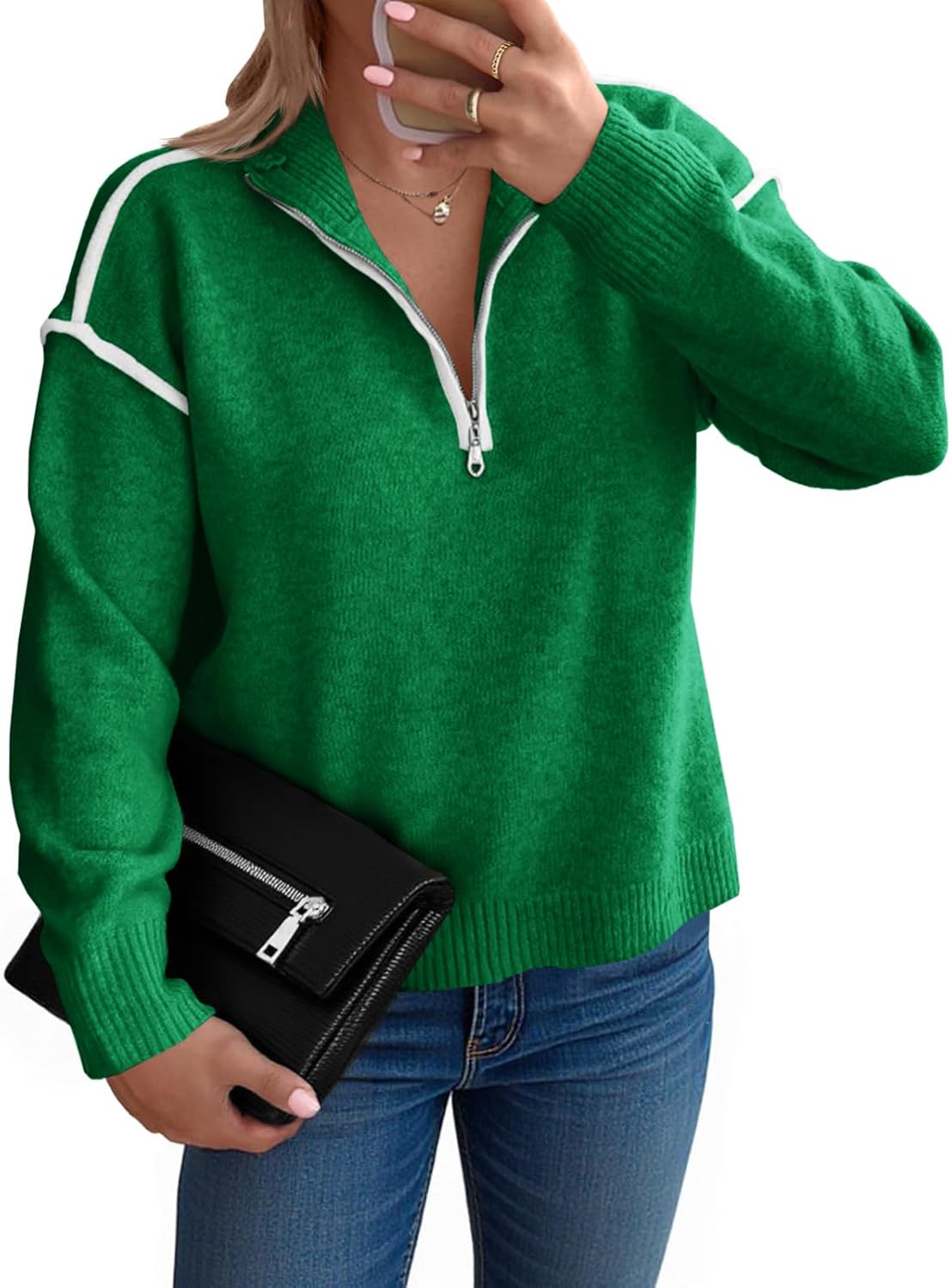 Saodimallsu Womens Quarter Zip Pullover Sweaters Casual Collared V Neck Color Block Long Sleeve Loose Knit Fall Sweater