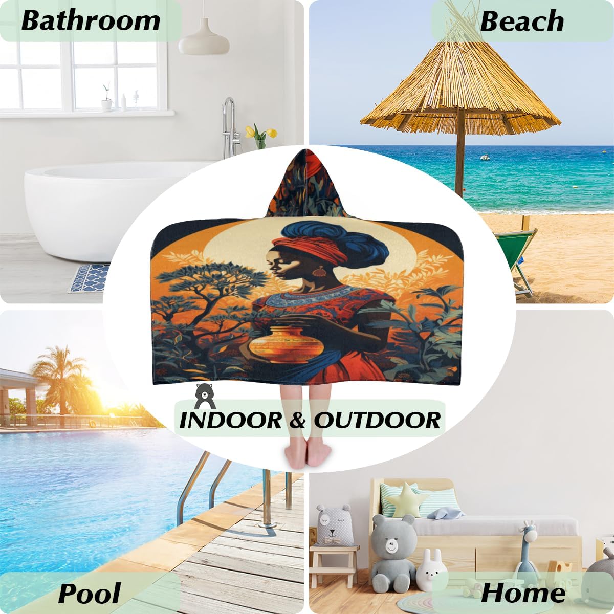 Pardick Kids Bath Towel Ethnic Woman Tree Beach Towel with Hood Pool Cover Up for Girls Boys Soft Absorbent Hooded Bath Towel Toddler Towels for Beach, Pool
