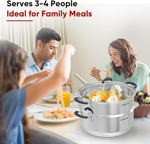 Miniatura 7 de SUNHOUSE - Ollas de vapor de 5.5 cuartos de galón con tapa, olla multiusos de acero inoxidable de 2 niveles con asa para verduras, albóndigas,
