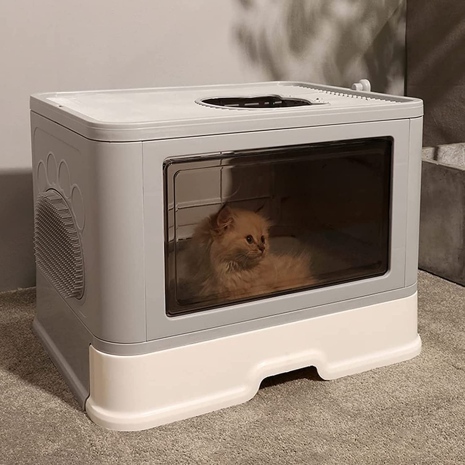 Wisfor Cat Litter Tray Box: Foldable Large Top Entry Anti-Splashing Kitten Litter Box Toliet House with Lid - Enclosed Hooded Kitty Potty - Drawer Type Cats Toilet Easy Cleaning with Scoop Grey