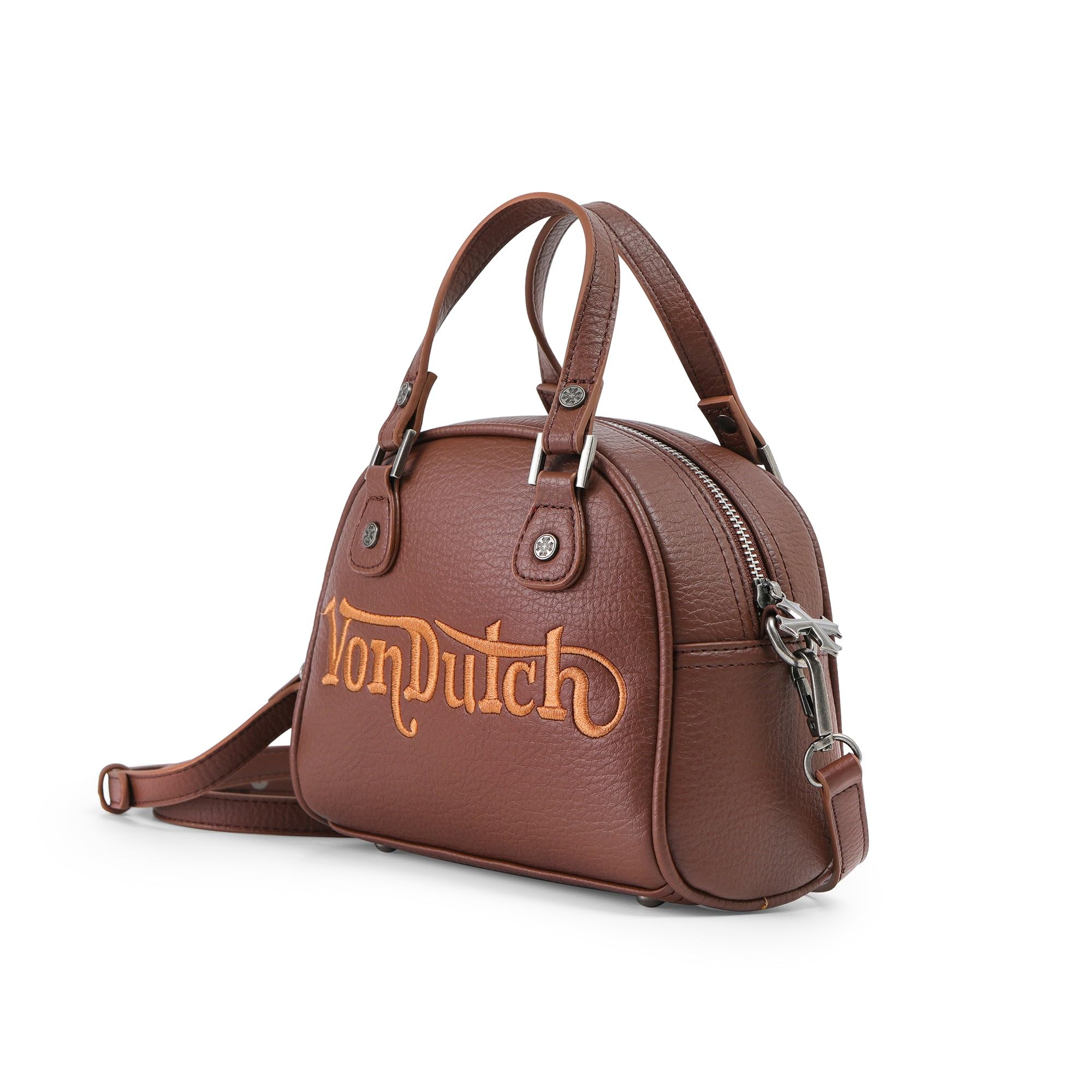 Von Dutch Bowling Bag Purse, Small Bag Crossbody Strap and Top Handles, 8" L x 7" H x 7.5" W, Y2K Purse (Brown Chopper)