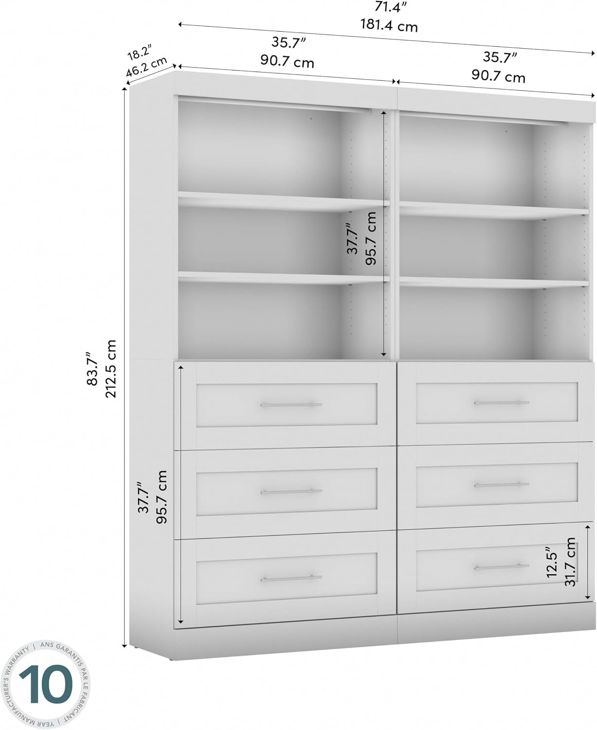 Bestar Wardrobe Closet Organizer System 72-inch with Drawers for Bedroom, Entryway, Pur Collection, Modern, White