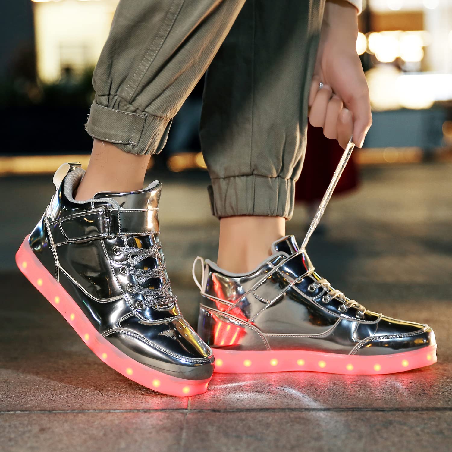 JEVRITE Unisex LED Light Up High Top Sneakers - USB Charging for Women & Men - Couples Shoes: 10.5 Women/8.5 Men Silver