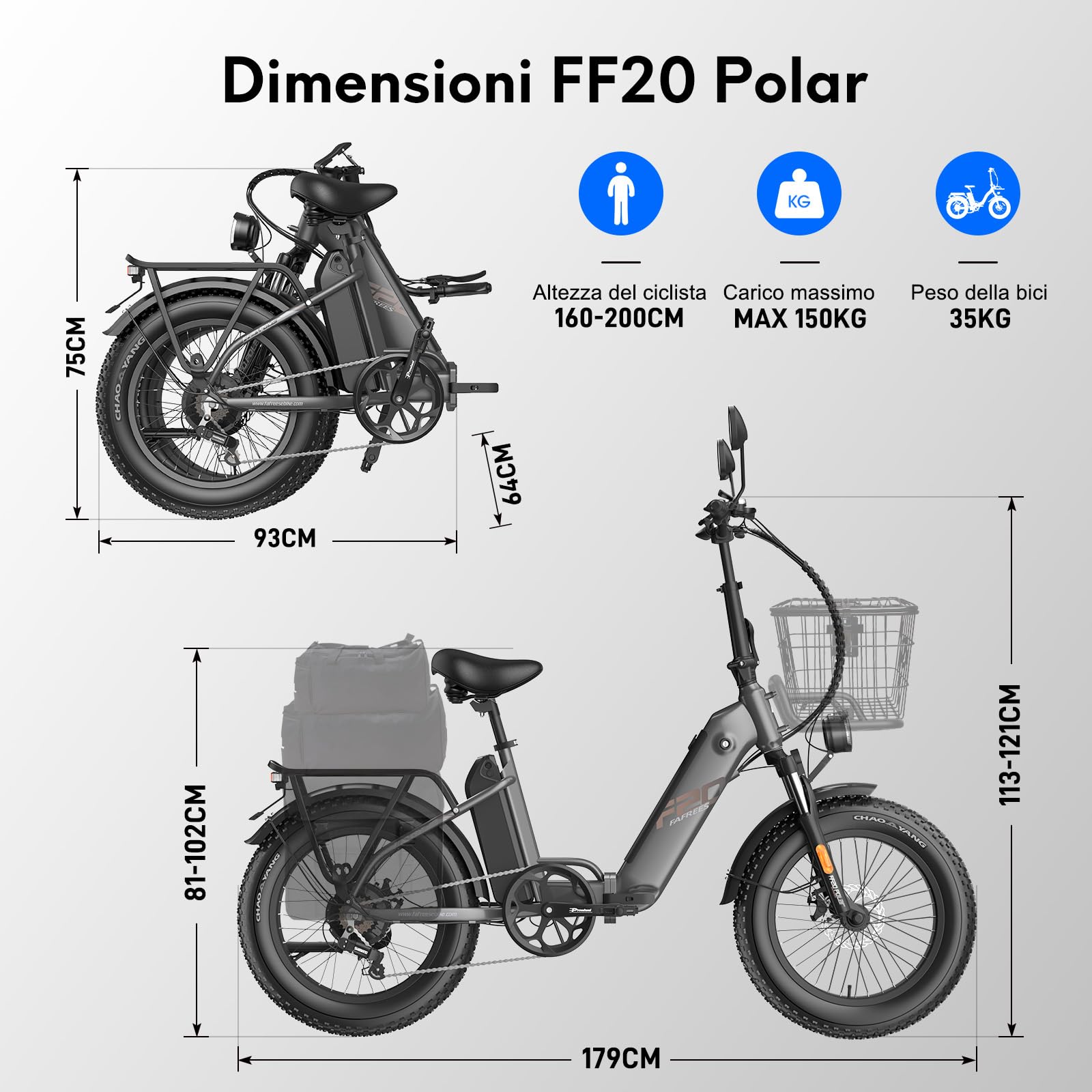 Fafrees Bici Elettrica Pieghevole Due Batterie 48V/12Ah×2 Bicicletta Elettrica, 20"×4.0 Fat Tire, Autonomia di 160km, Fat Bike Ebike per Adulti Uomo Donna, con Schermo LCD, Specchietti