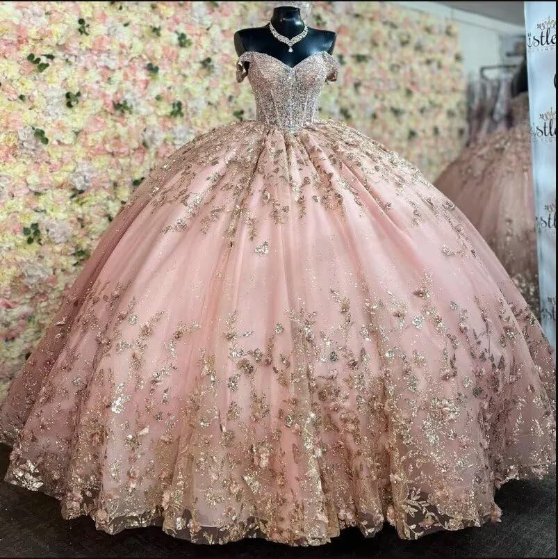 Shiny Gold Sequin Tulle Ball Gown Quinceanera Dresses Modern 2025 Beaded Crystal Top Sweet 16 Dress3
