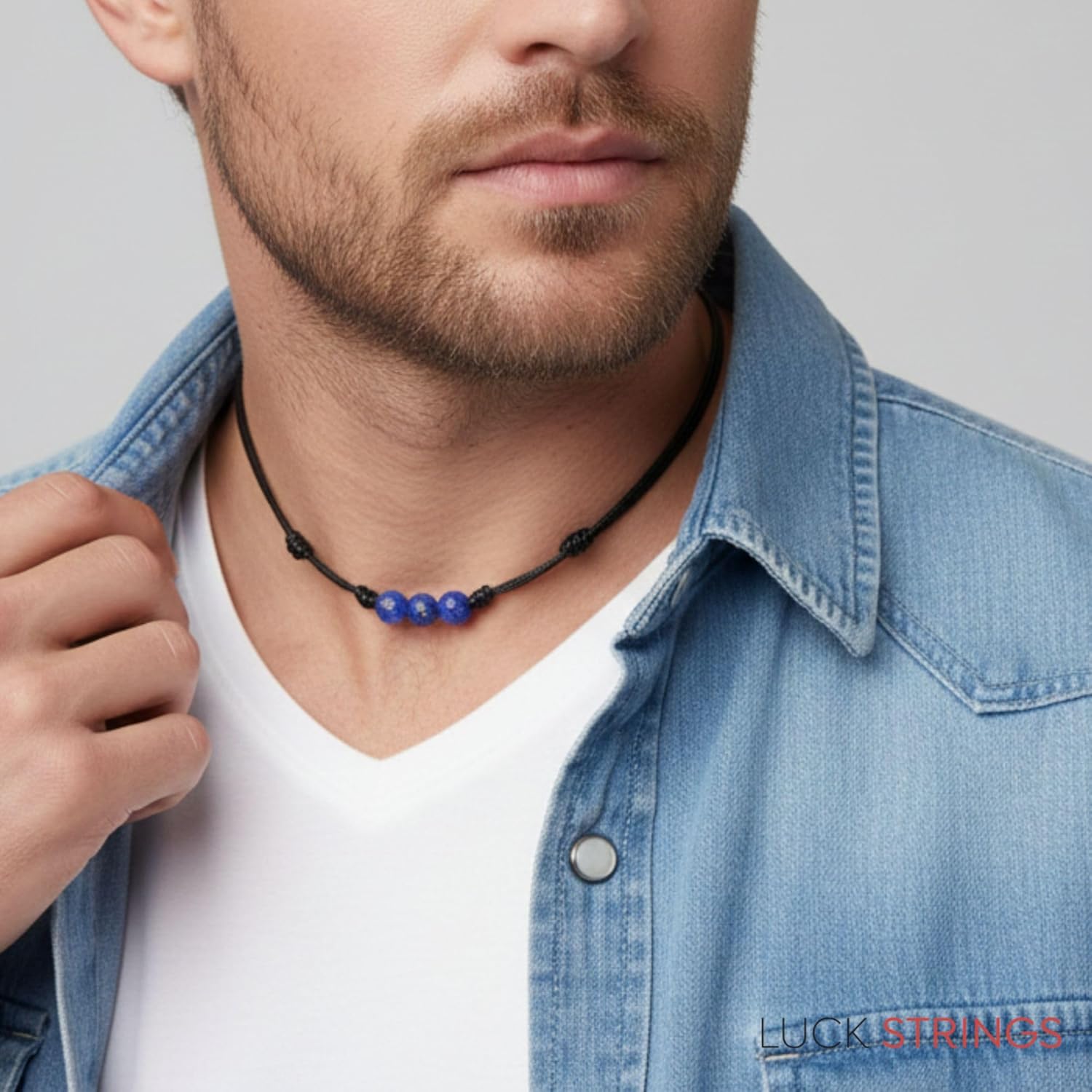 Luck Strings Lapis Lazuli Gemstone Beads Pendant Knotted Necklace with Adjustable Wax Nylon Cord - Unisex Beaded choker Men Women - Image 2