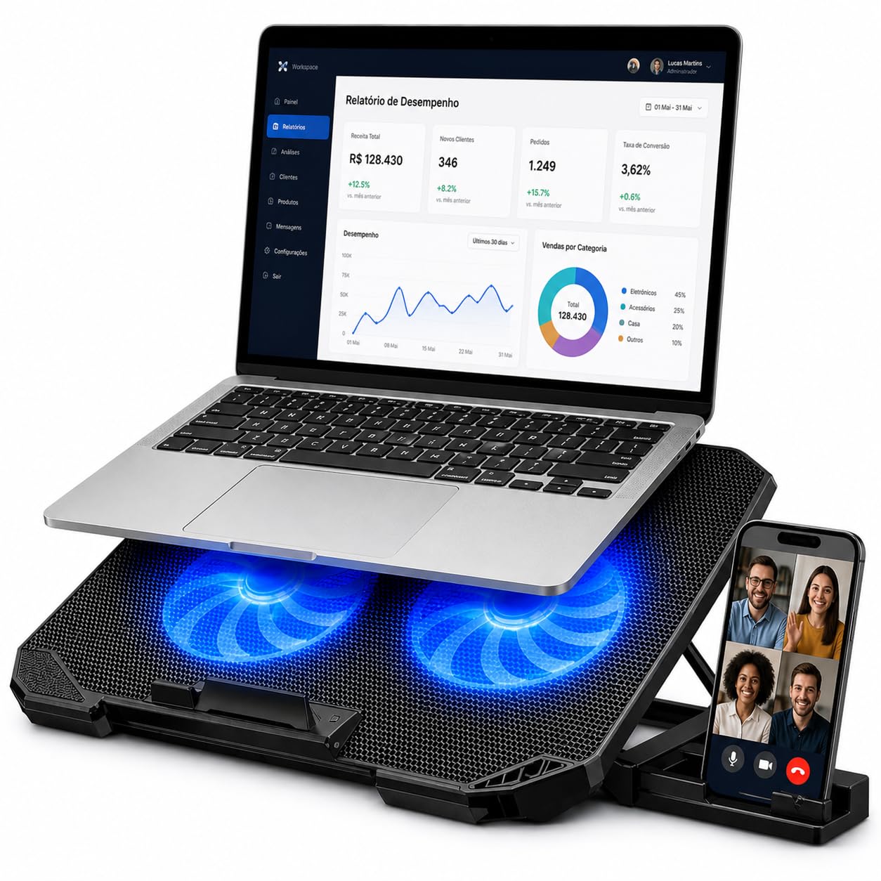 Cooler Notebook com 2 Ventoinhas LED Base Ventilada Ajustável Suporte Ergonômico