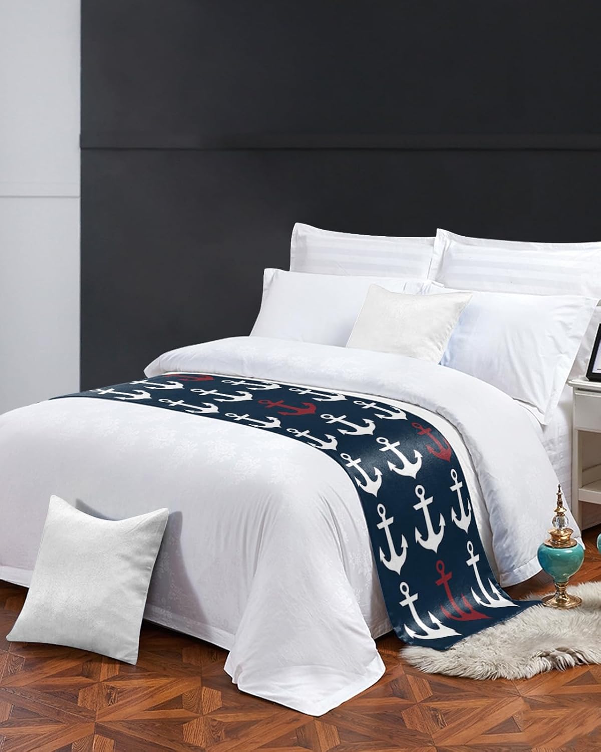 Smile Sunflower Bed Runner Scarf Nautical Ocean Anchor Dark Blue Bedding Scarf Decorative Bed Runners Cover for Home Bedroom Hotel Wedding Room Bed Scarf for Foot of Bed Full 83x20in