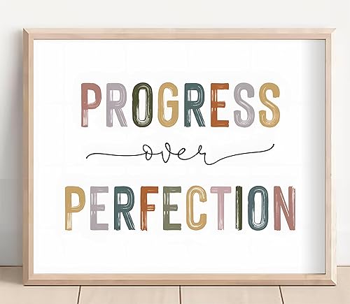 Arte de pared Progress Over Perfection, impresión de tipografía motivacional, bonito arte bohemio moderno para sala de juegos, letrero de aula,