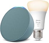 Echo Pop | Midnight Teal + Philips Hue White Smart Light Bulb LED (E27), Works with Alexa - Smart Home Starter Kit