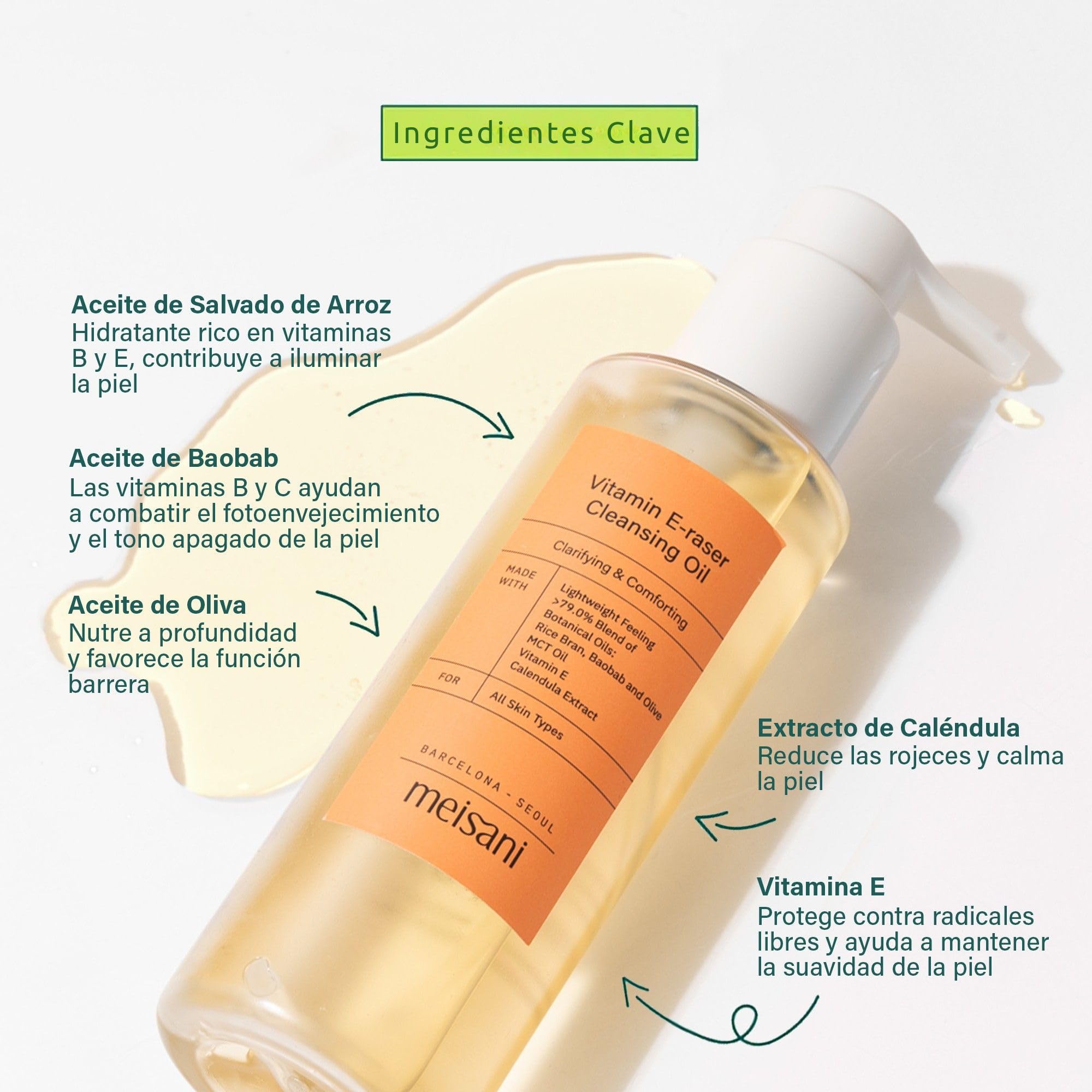 Meisani Vitamin E-raser Cleansing Oil - Aceite Limpiador Botánico Suave con Salvado de Arroz, Baobab, Aceite de Oliva y Vitamina E | Cosmética Vegana Coreana | 150ml