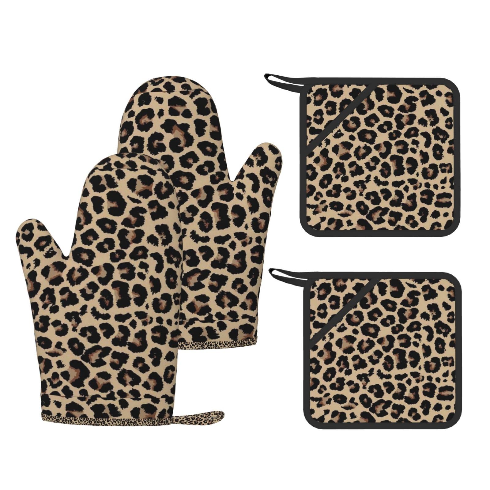 Ensemble de Quatre Gants et maniques résistants à la Chaleur, Gants de Cuisine antidérapants, maniques de Four, Motif léopard