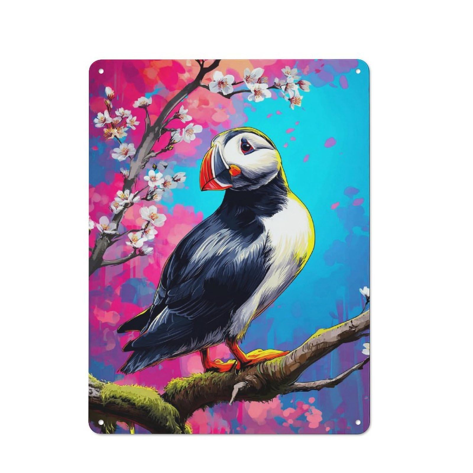 Junmoney Puffin Perched On Blossoming Branch Rustic Metal Plaque 40X30cm For Studio Or Craft Room, Suited To Craft Room Decorators