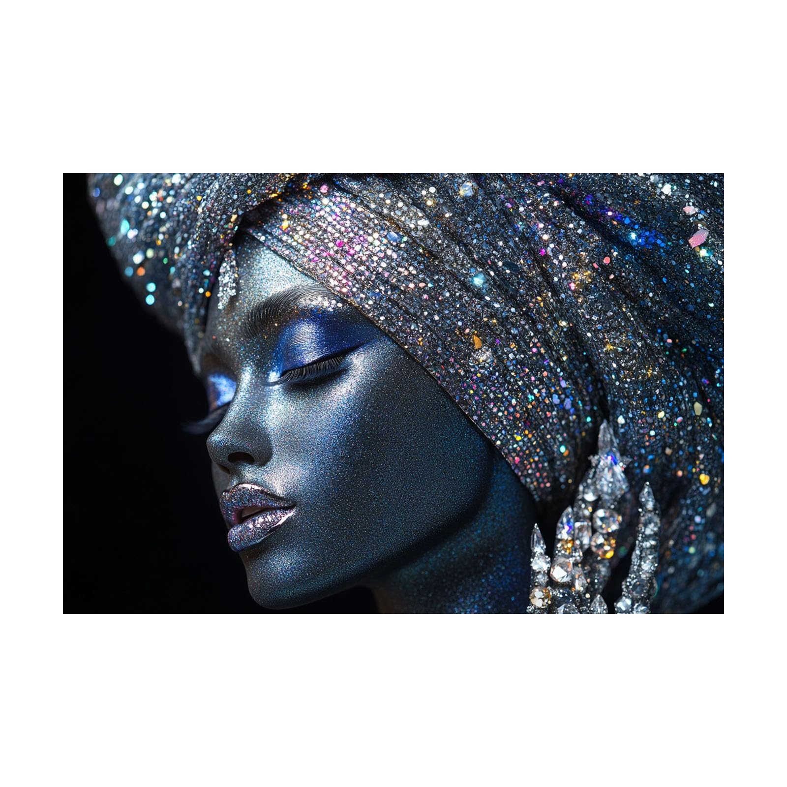 TERUEA Small Canvas Print - Modern Wall Art Woman With Glittery Turban And Blue Makeup Portrait - Floral Woman Face - Living & Home Decor with Easy Hang Guide(Silver)-80x120cm Unframed