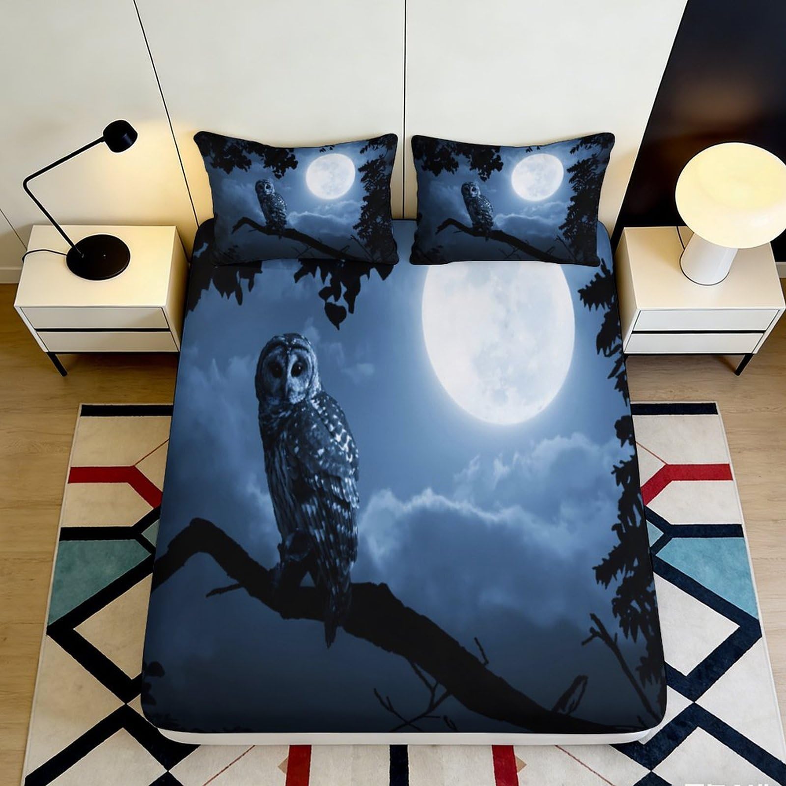3D Printed Moonlit Owl Fitted Sheet Microfiber Bedroom Decor Night Forest Mattress Cover for Adults Teens 180x200x25cm