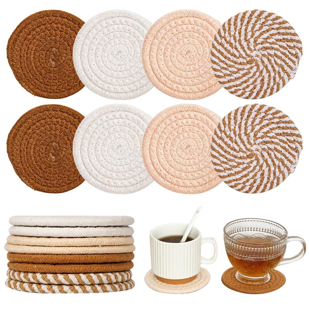 HASTHIP® 8 Pcs Coaster Set, 4 Colors Minimalist Absorbent Coasters, Cotton Woven Dining Table Mat, Heat Resistant Mat Protect Counter for Coffee Table Home Decor Bar Housewarming Gift (4.3 Inch)-image-39