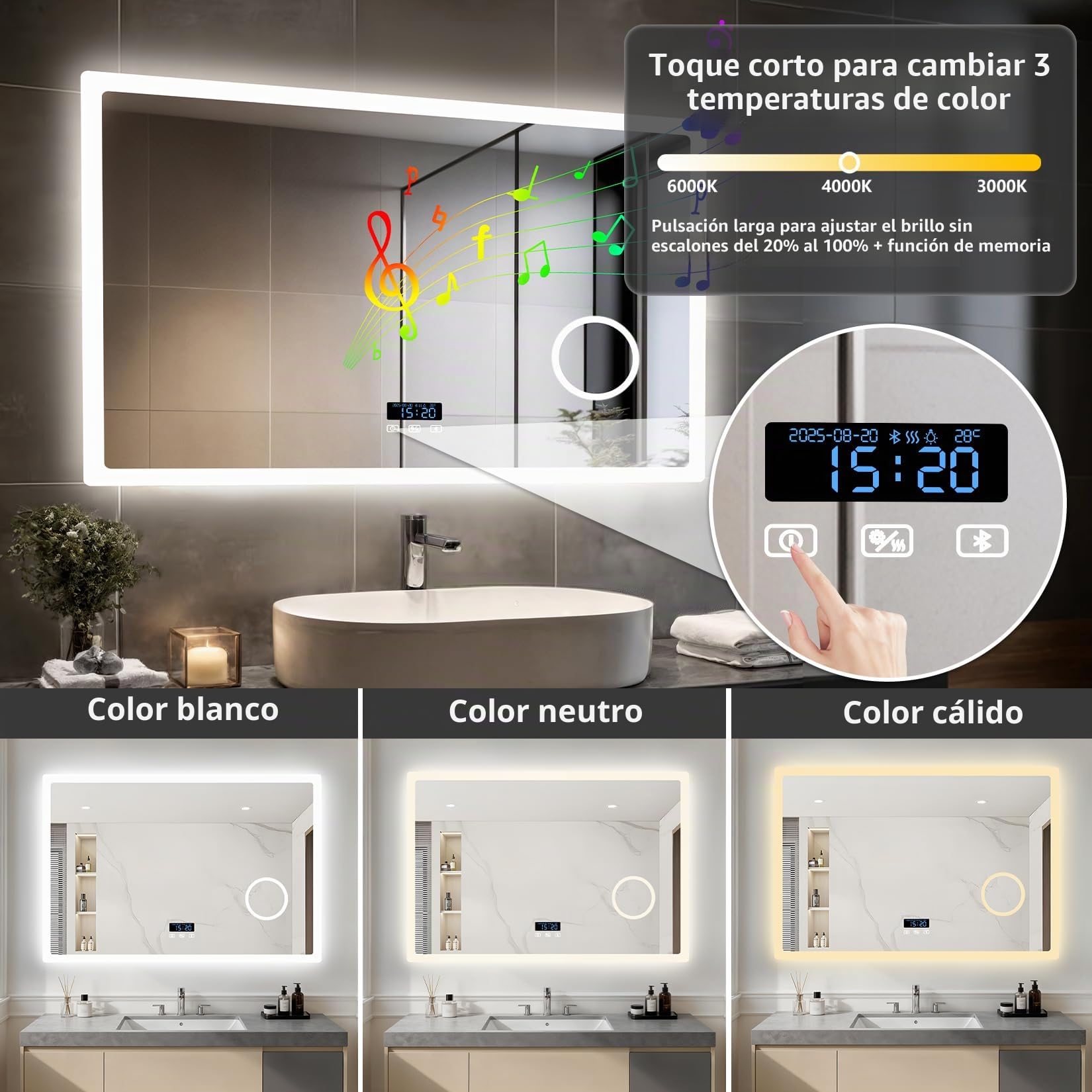 LUVODI Espejo de Baño Pared Bluetooth 100x70 cm con 3X Aumento Luz LED Retroiluminado Espejo Baño Grande Moderno con Interruptor Táctil Función Antivaho Memoria, Impermeable, CRI>97,CE