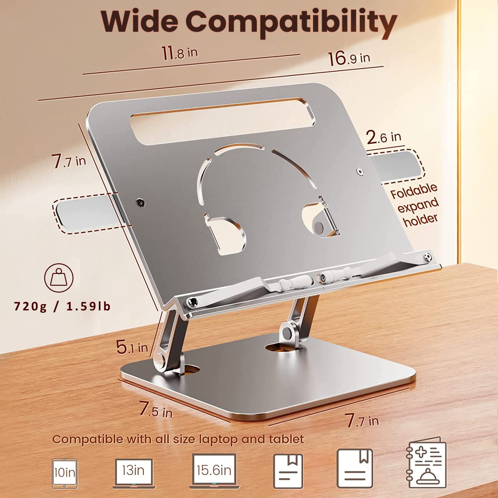 Support De Livre Réglable En Hauteur – Avec Pince Et Clips De Page – Plateau 45 X 23 Cm – Pour Livres De Cuisine, Partitions, Tablettes – Bureau Ou Maison