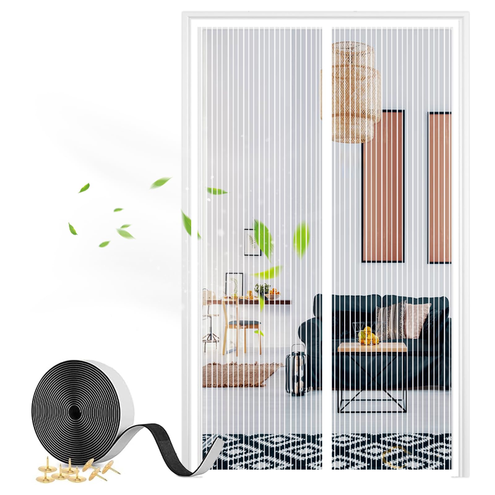 Moustiquaire porte magnétique stop aux insectes rideau adhésif blanc 80x210cm