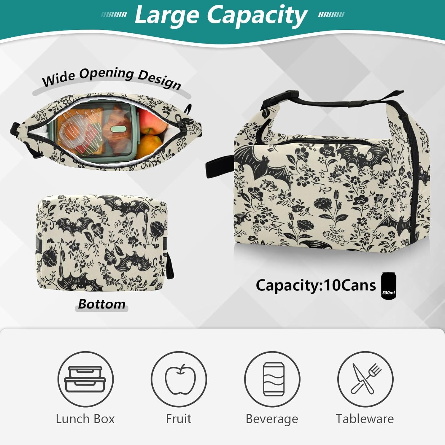 CBBYY Goth Bat Lunch Bag for Women & Men Reusable Lunch Tote Bags for Work, Office, Picnic, Travel,School - Image 5