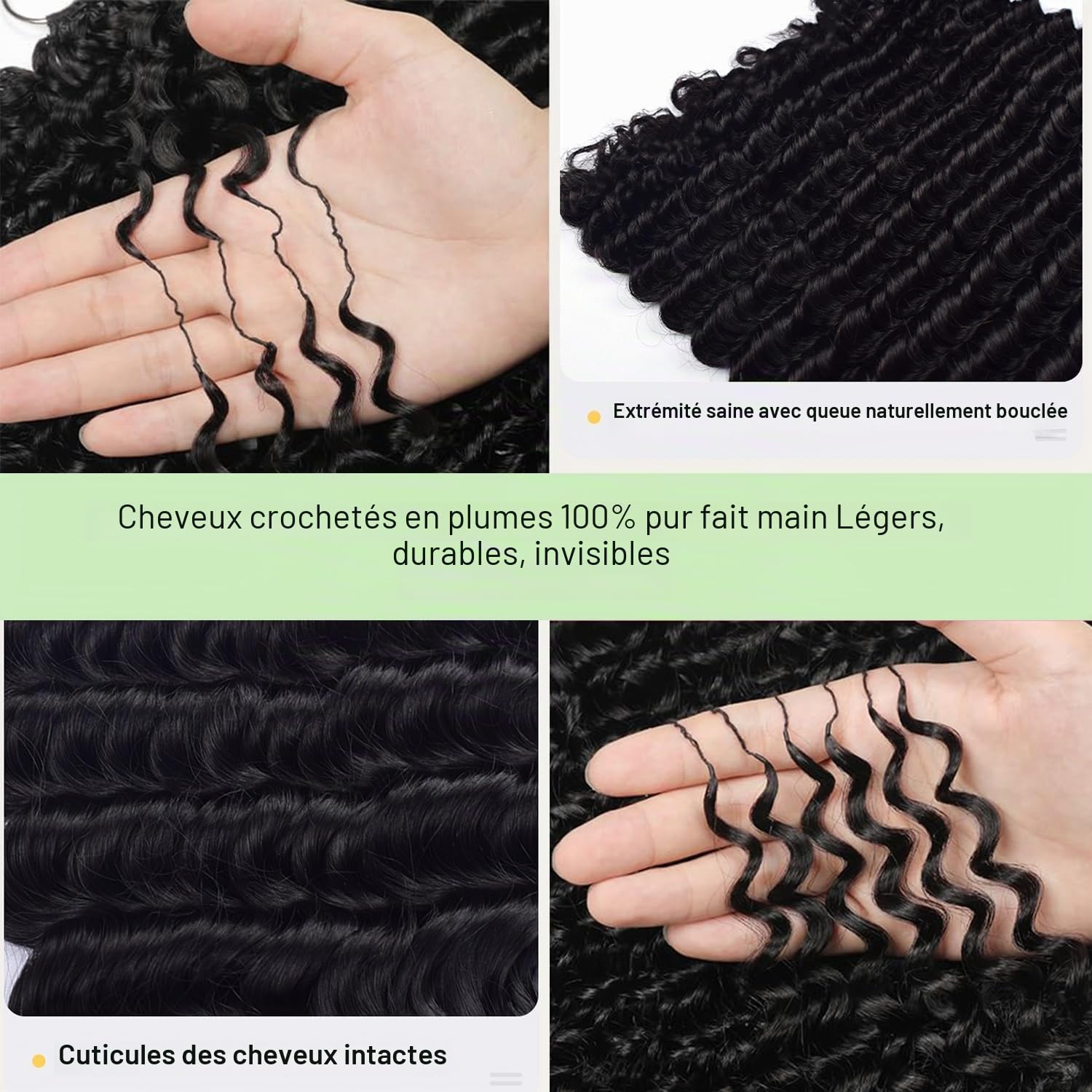 Feather Crochet Human Hair - Extensions de Cheveux Humains Deep Wave Curly Pré-Séparés pour Femmes Noires, Crochet Braids Water Wave Nœuds Invisibles, 16 pouces 1B 100g