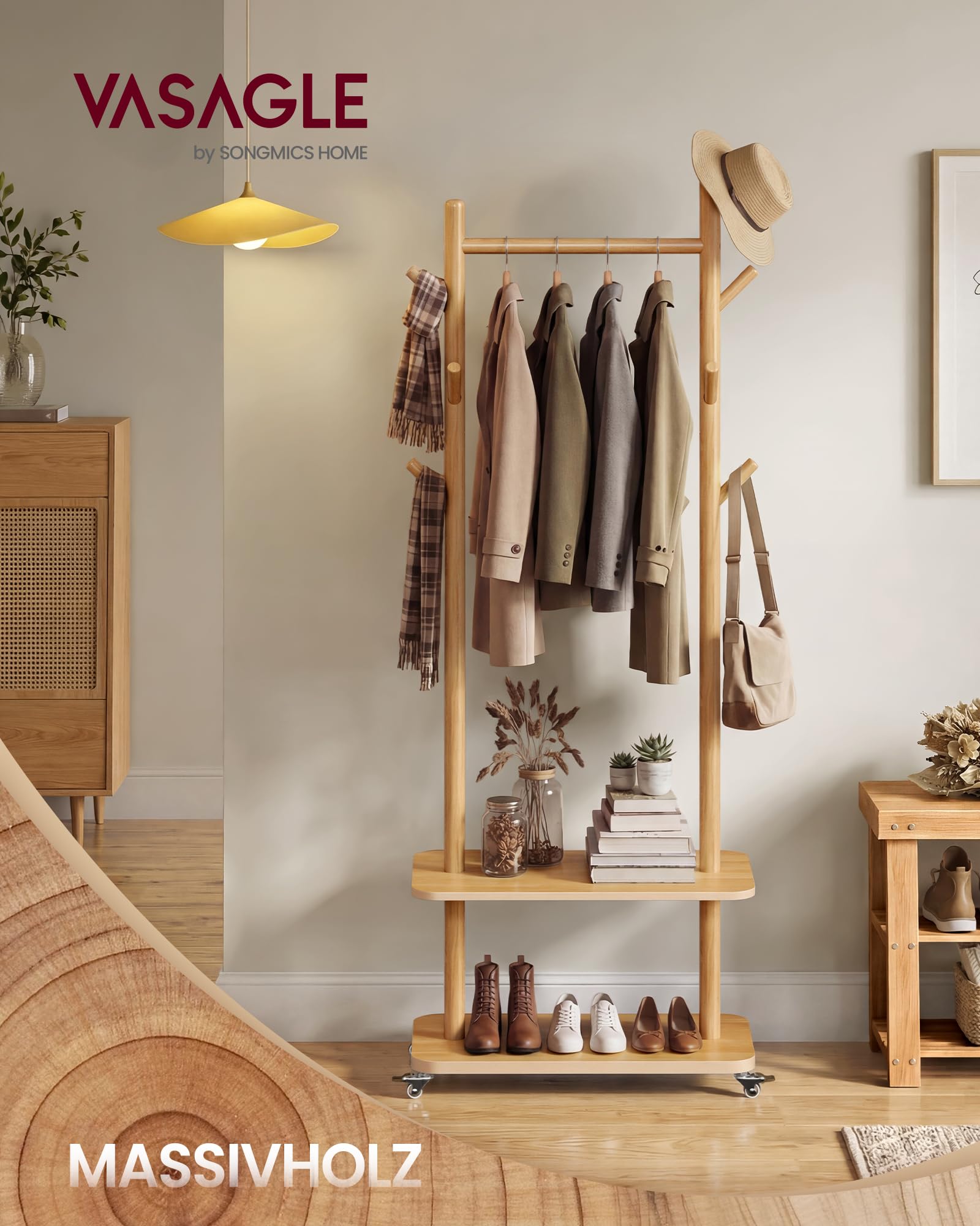 VASAGLE Garderobenständer, Kleiderständer, 7 Haken, 2 Ablagen, 4 drehbare und abnehmbare Rollen, Haken und Stange aus Massivholz, Flur, Schlafzimmer, Wohnzimmer, naturfarben RCR053YK01