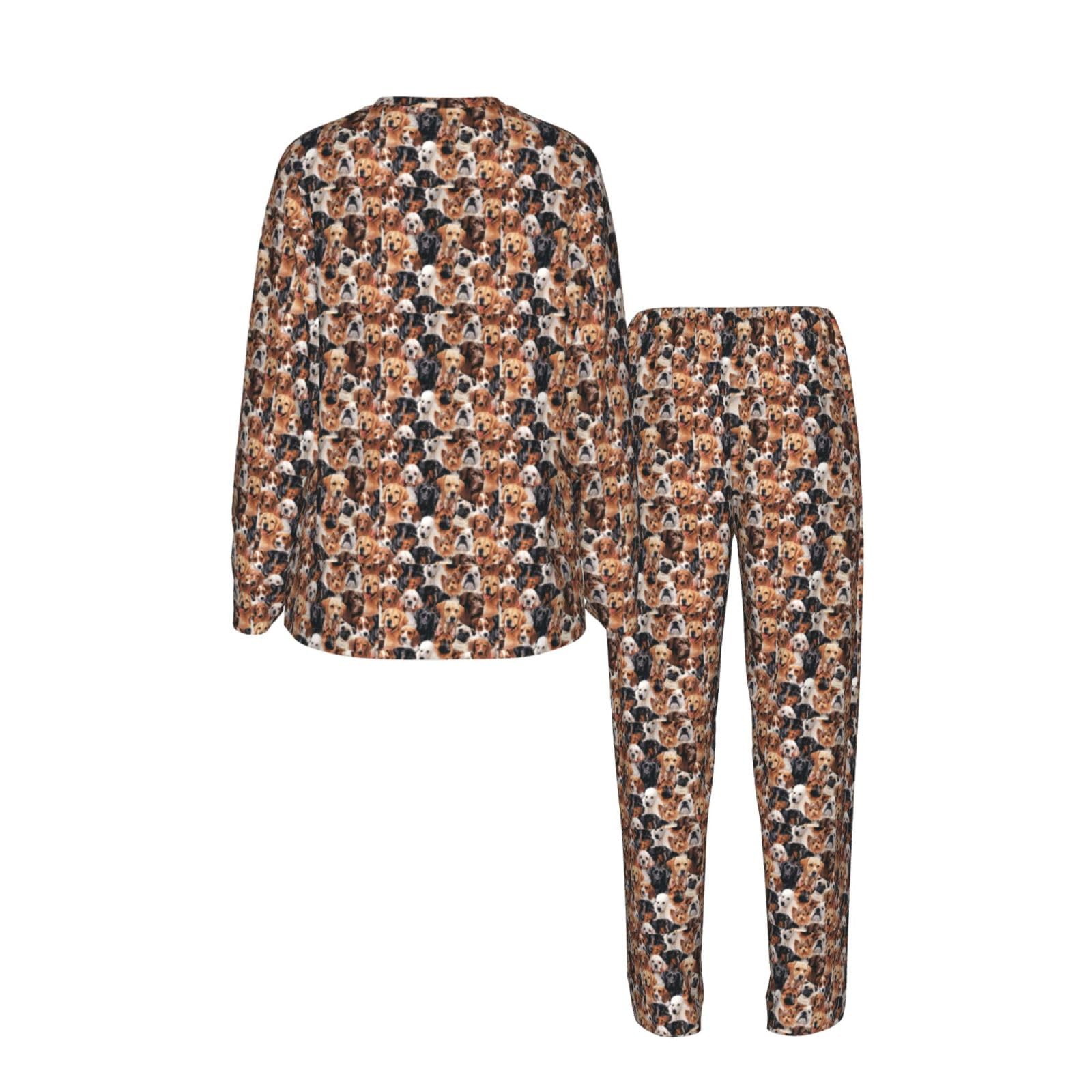 Molti Cani Stampa Delle Donne Manica Lunga Pigiama Corrispondente Morbido Elastico Coulisse Casual Daywear
