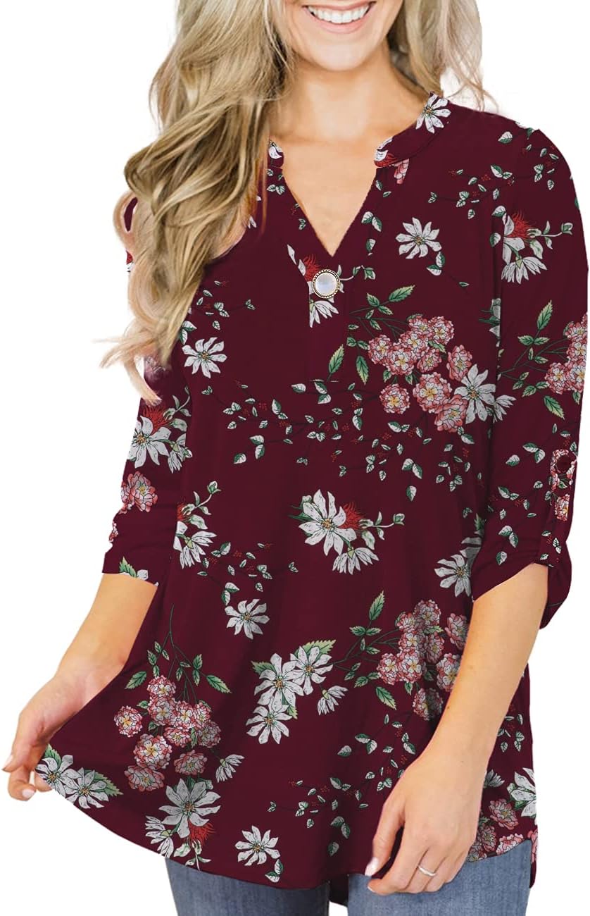 LIENRIDYWomen's Plus Size Tunic Tops 3/4 Roll Sleeves Blouses V Neck Henley Shirts M-4X