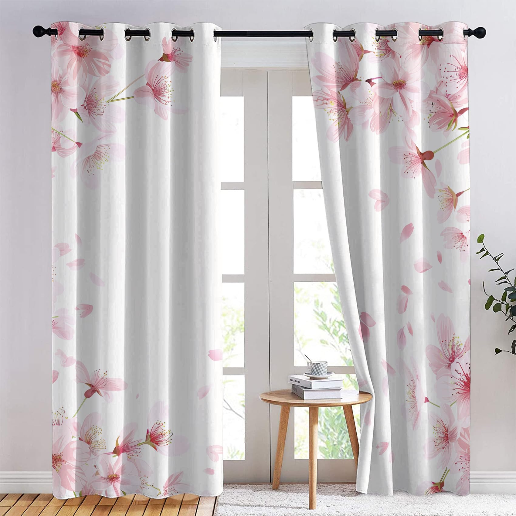 Rideau Occultant Fleur Rose, Floral Motif Rideaux Thermiques à Oeillets, Rideaux Imprimé pour Salon Chambre Fenetre Moderne Décoration, 140x240 cm (L x H), Lot de 2