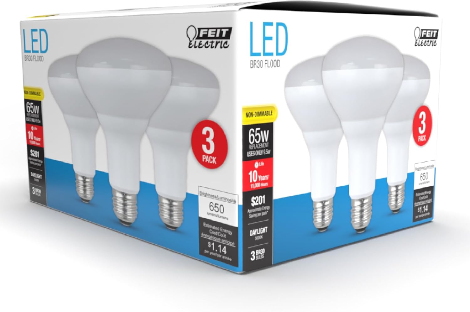 Feit Electric BR30 LED Light Bulbs, 65W Equivalent, Non Dimmable, 10 Year Life, 650 Lumens, 5000K Daylight, E26 Base Recessed Can Light Bulbs, Flood Light Bulbs, Damp Rated, 3 Pack, BR30/850/10KLED/3