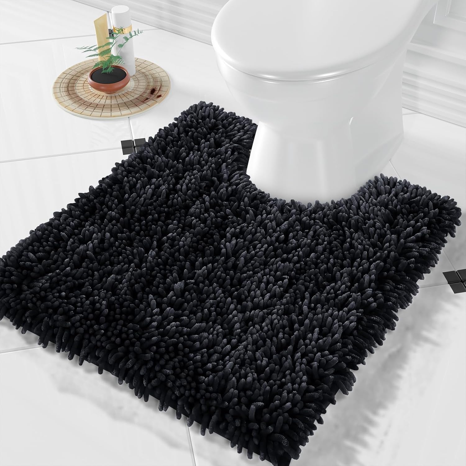 Yimobra Luxury Chenille Bath Mat, Extra Soft and Absorbent Shaggy Bathroom mats Non Slip, Machine Washble Dry, Plush Floor Carpet for Tub, Shower, and Bath Room, Black, 52 x 61 cm โ image 1
