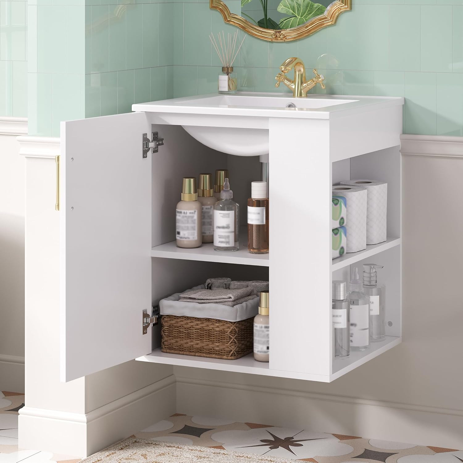 Virubi 20 Inch Wall Mounted Bathroom Vanity with Ceramic Sink, Floating Vanity Cabinet with Open Side Shelves, Small Space Bathroom Storage Cabinet for Powder Room