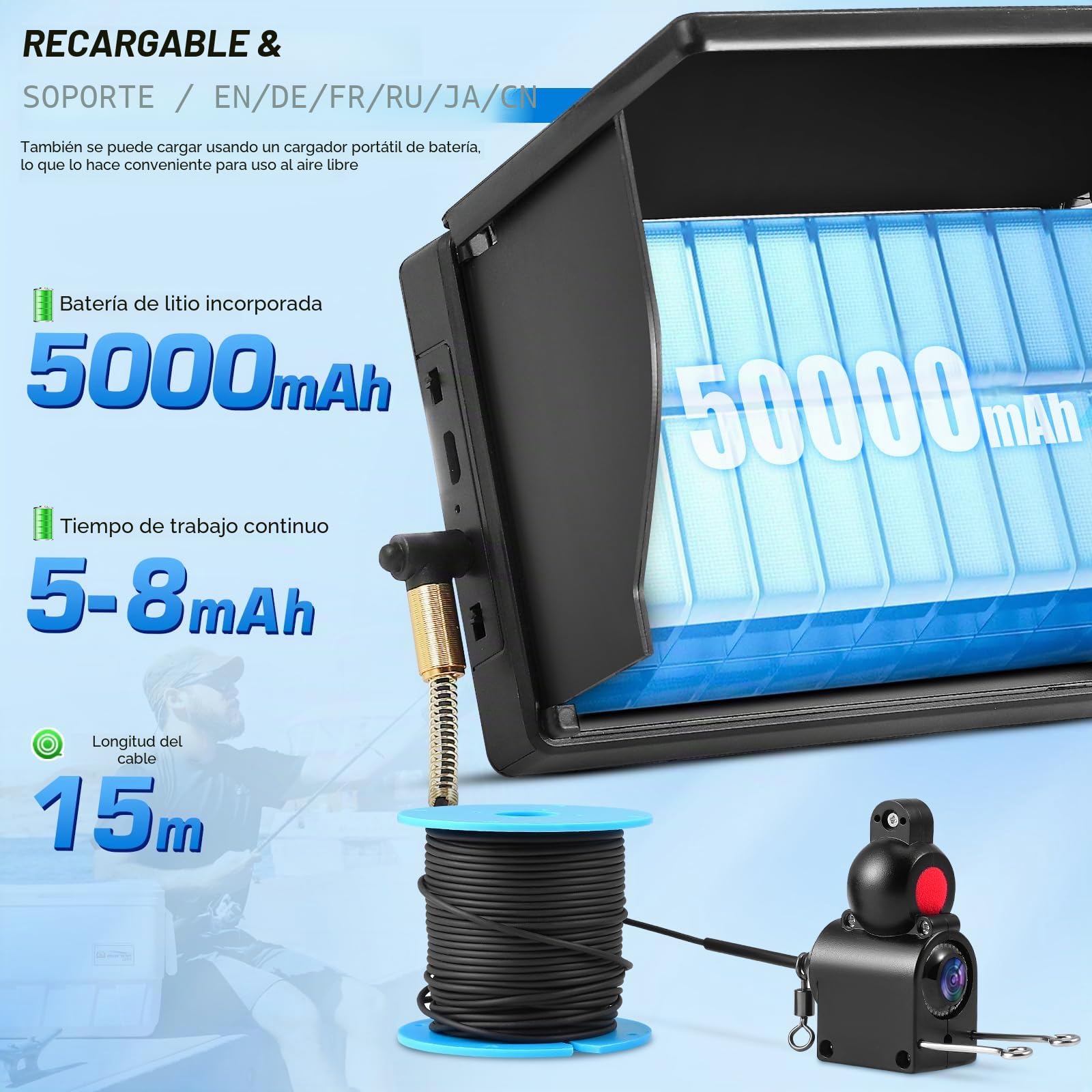 Sonda de Pesca Portátil, Cámara Subacuática de Pesca con Pantalla IPS 4,3" y Cable 30m, Visión Nocturna Infrarroja Gran Angular, IP67 Impermeable, para Pesca en Mar, Lago, Río y Hielo