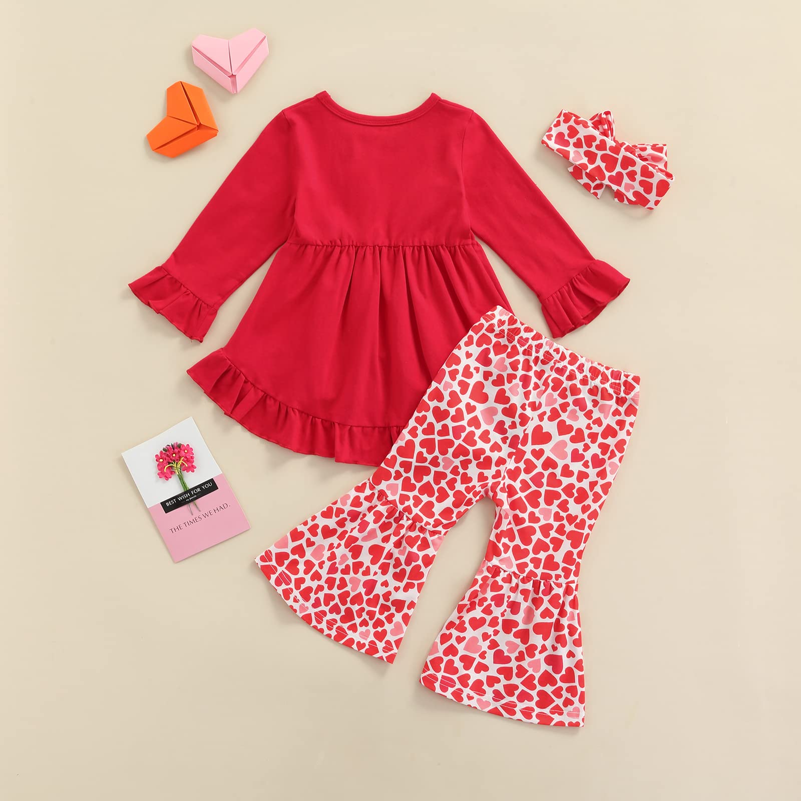 Toddler Baby Girl Valentine's Day Clothes Set Plaid Heart T-Shirts Tees Pullover Shirts Tops+Flare Pants Outfits Set (Red A, 1-2T)