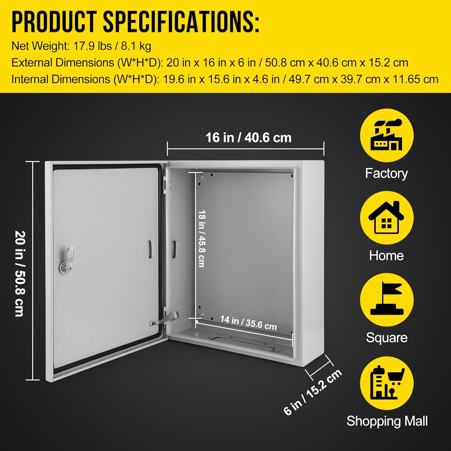 Electrical Box, 20 x 16 x 6'' NEMA 4X Steel Electrical Box, IP66 Waterproof & Dustproof, Outdoor/Indoor Electrical Junction Box, Lockable Junction Box