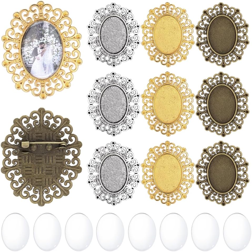 PH PandaHall 12 Sets Cabochon Brooch Settings, 3 Color Vintage Blank Bezel Tray with Glass Cabochons 25x18mm Oval Brooch Pins Cabochon Frame Photo Pins Base for Wedding Christmas Jewelry Making