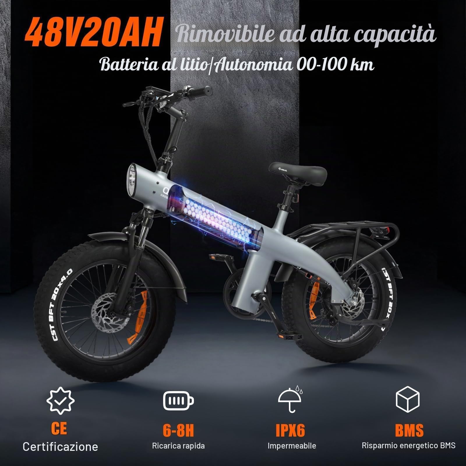 HX Q3 Bici Elettrica per Adulti,20" Fat Tire,E-bike Per Pendolari Urbani & MTB,115 NM,Batteria Rimovibile 48V 20AH,200KM,3 Modalità di Guida e 7 Velocità,Freni a Disco Idraulici,Portapacchi Posteriore