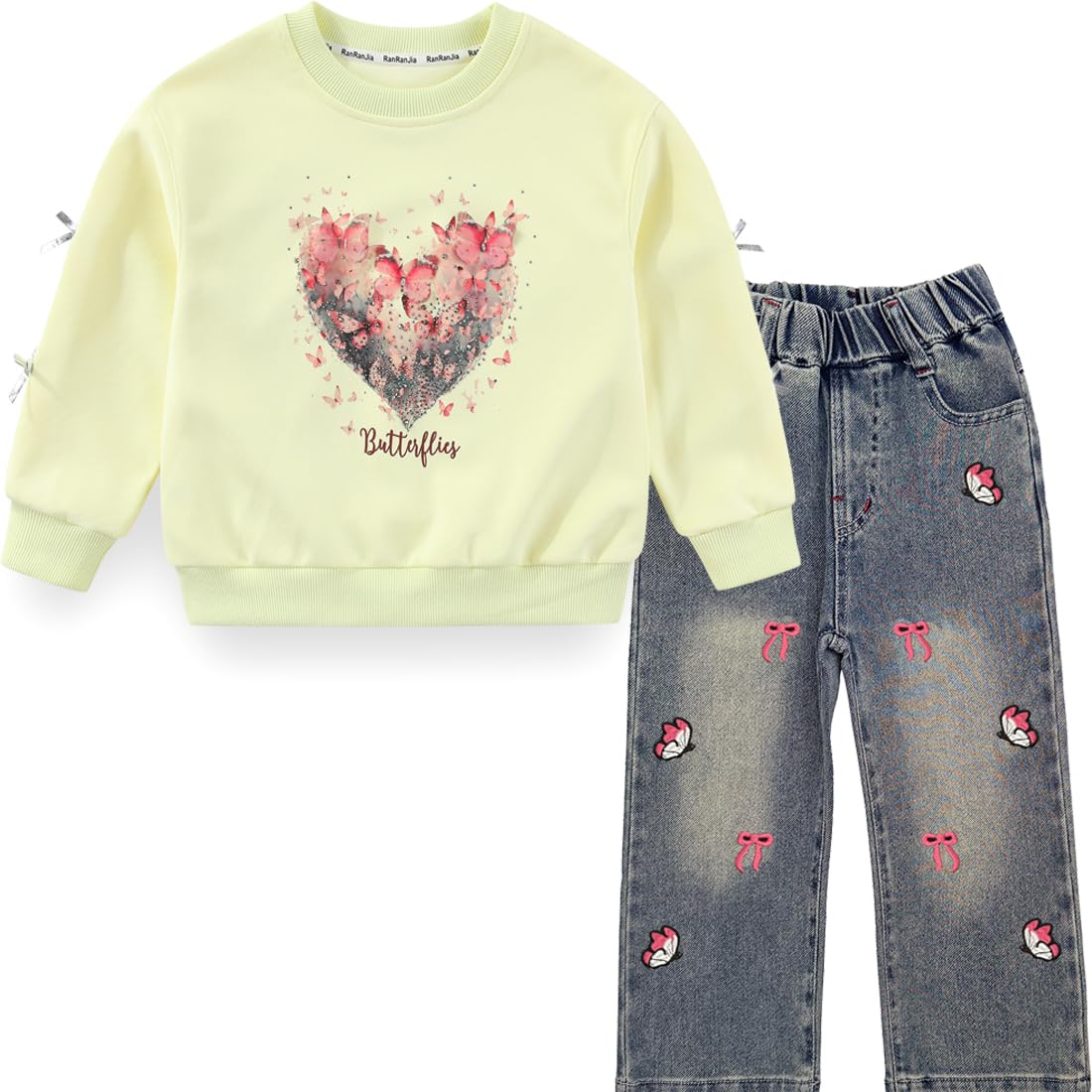 Peacolate 5-12Years Spring Fall Clothingsets Kid Little&amp;Big Girls Pullover Long Sleeve T Shirt and Embroider Butterfly Jeans