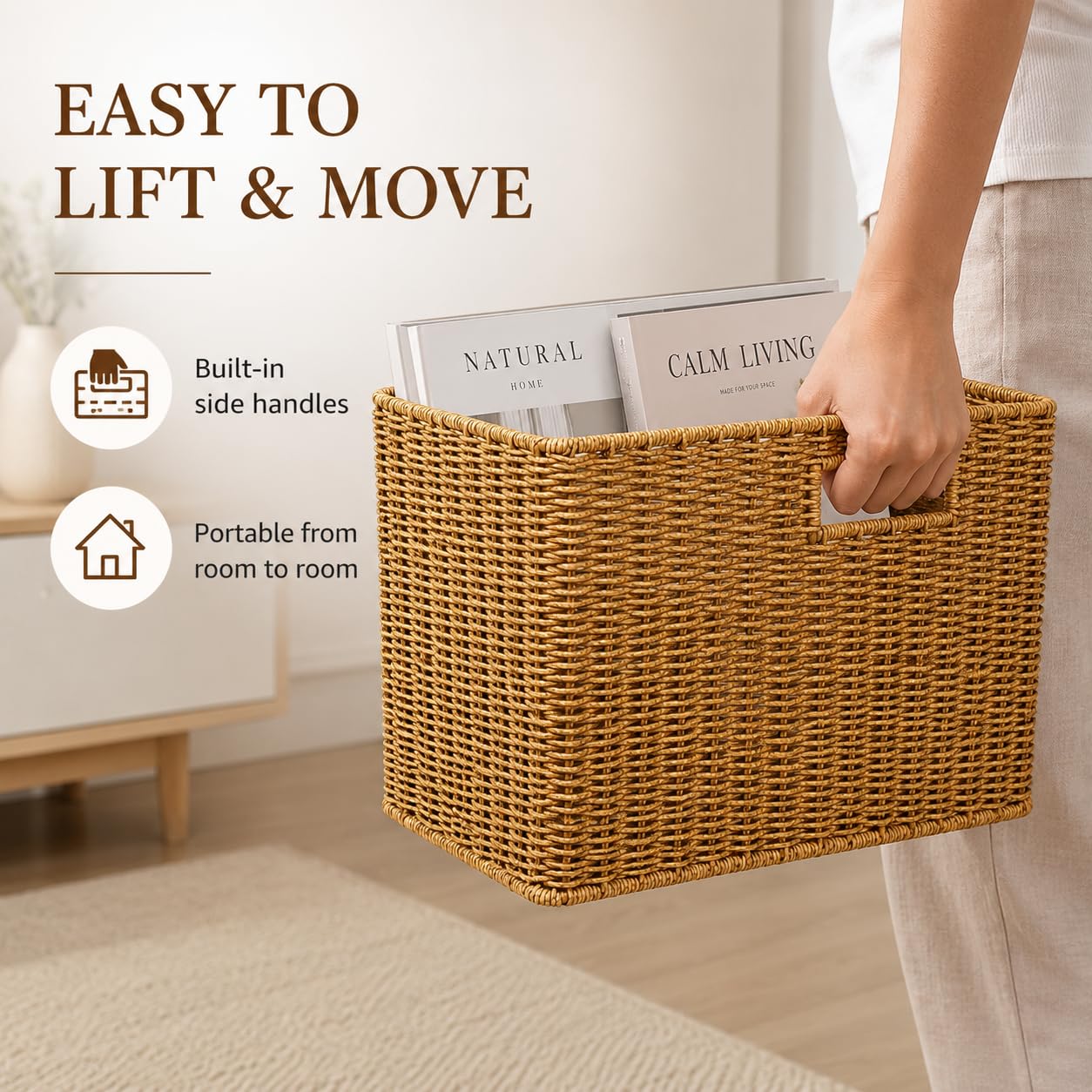 Healeved Panier de rangement tressé style rotin porte-revues avec poignées | Grand panier de rangement aspect rotin naturel pour magazines, livres, collations, cosmétiques et utilisation à domicile