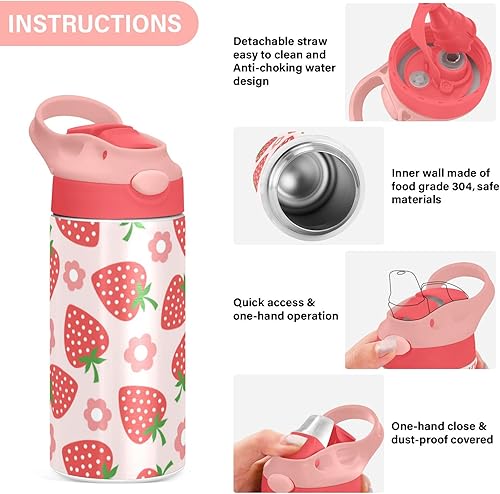 Miniatura 5 de Botellas de agua aisladas con popote para niños y escuelas, diseño de fresa, de acero inoxidable, rosa, de doble pared, mantiene el calor y el frío,