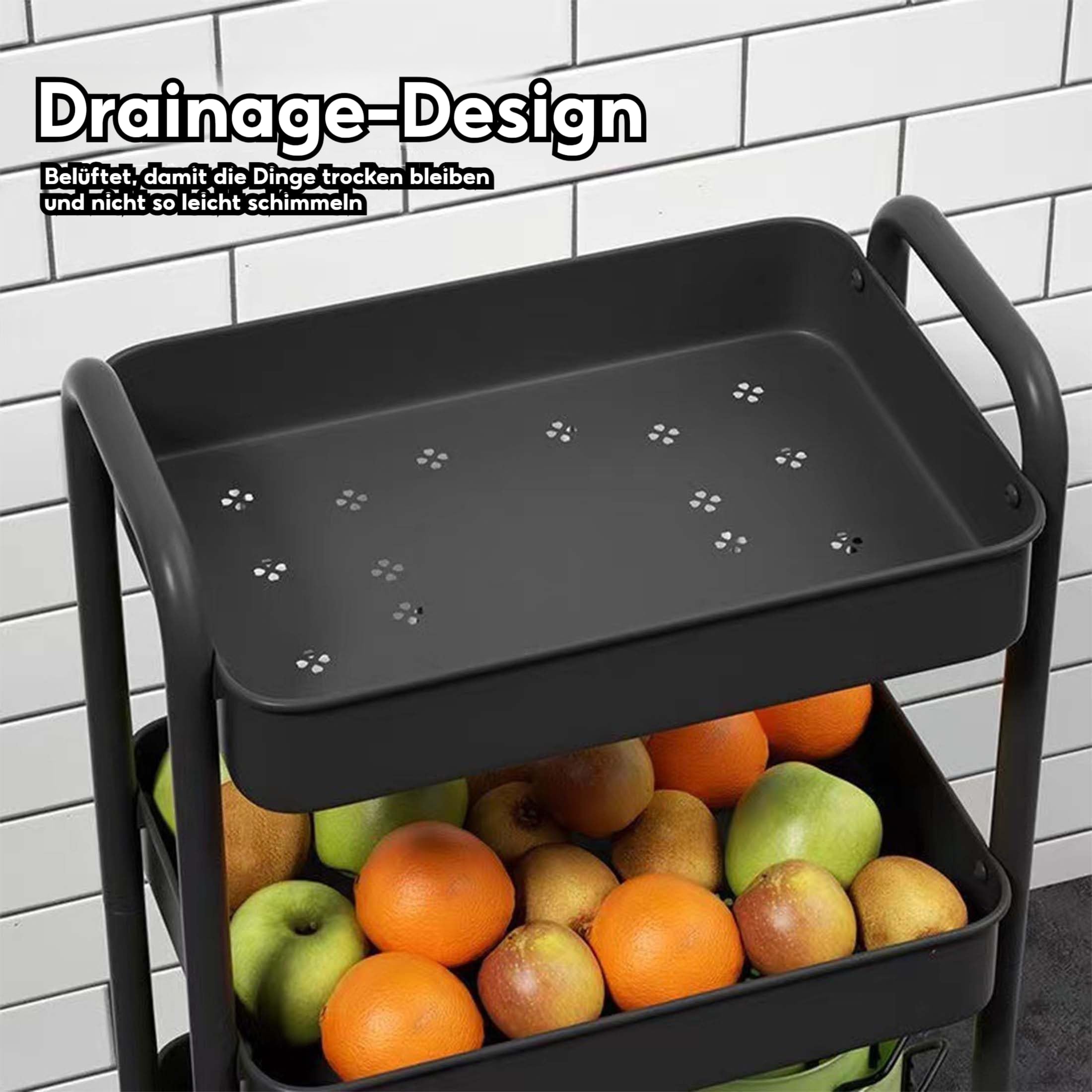 UUE Küchenwagen mit 4 Ebenen, Nischenwagen mit 4 Haken, Rollwagen Nischenregal auf Rollen, platzsparendes Badregal und Küchenregal für Wohnzimmer, Schlafzimmer, Bad, 100 x 36 x 24cm (Schwarz)