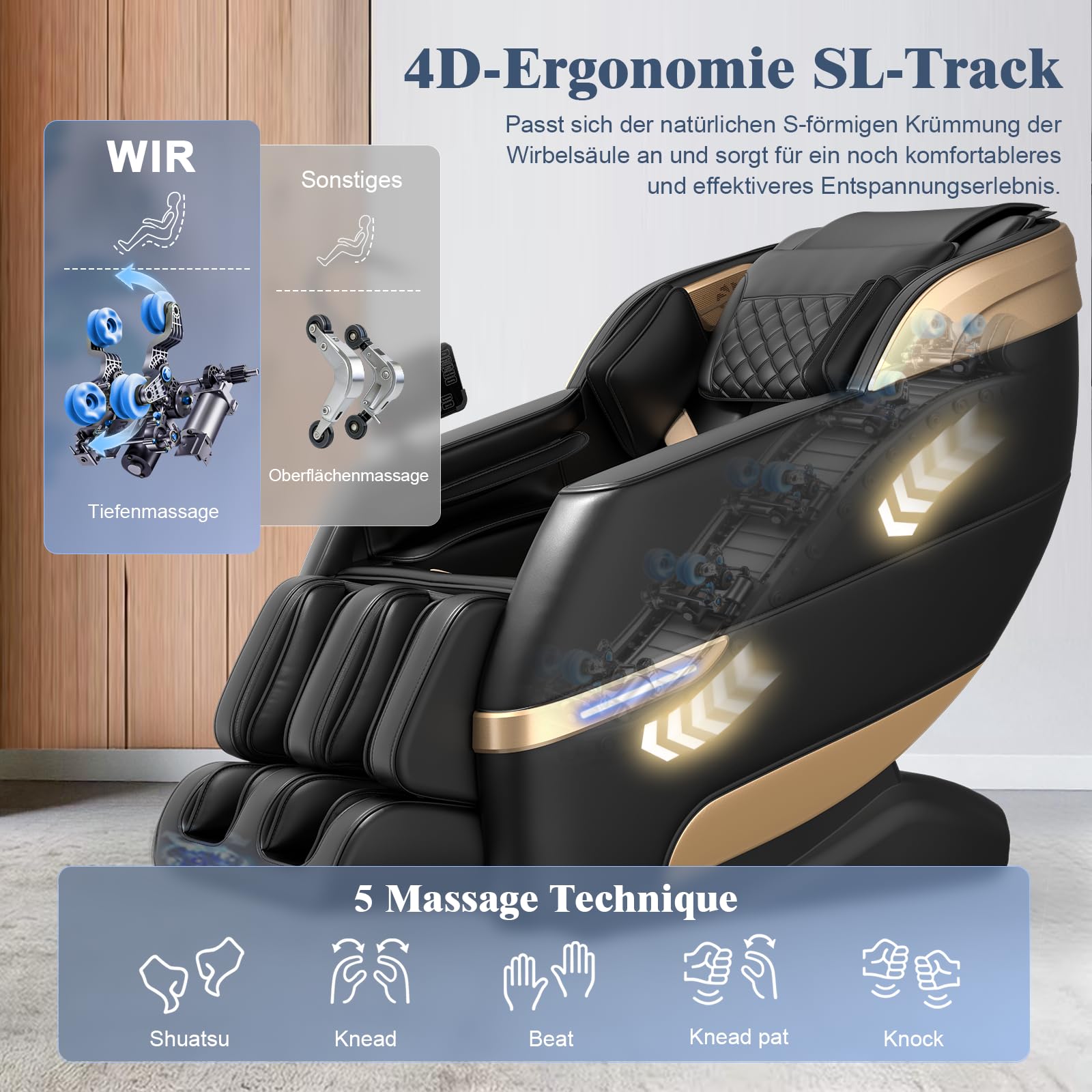 YONISEE 4D SL-Track Massagesessel Ganzkörpermassage mit Bein- und Taillenheizung, 8 Airbags, Fußrollenmassage, KI-Sprachsteuerung, Bluetooth-Lautsprecher, Zero Gravity