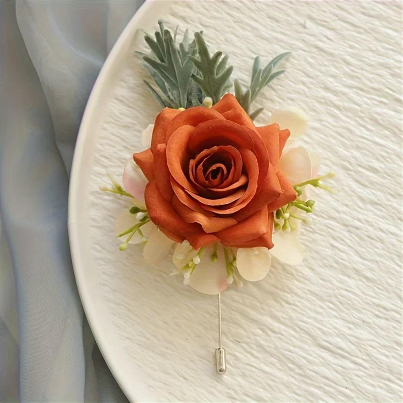 Ansteckblume 6 Stück tieforange Rose Hochzeit Handgelenk Corsage und Boutonniere Zubehör for Braut Brautjungfer Männer Bräutigam(6PCS Set)