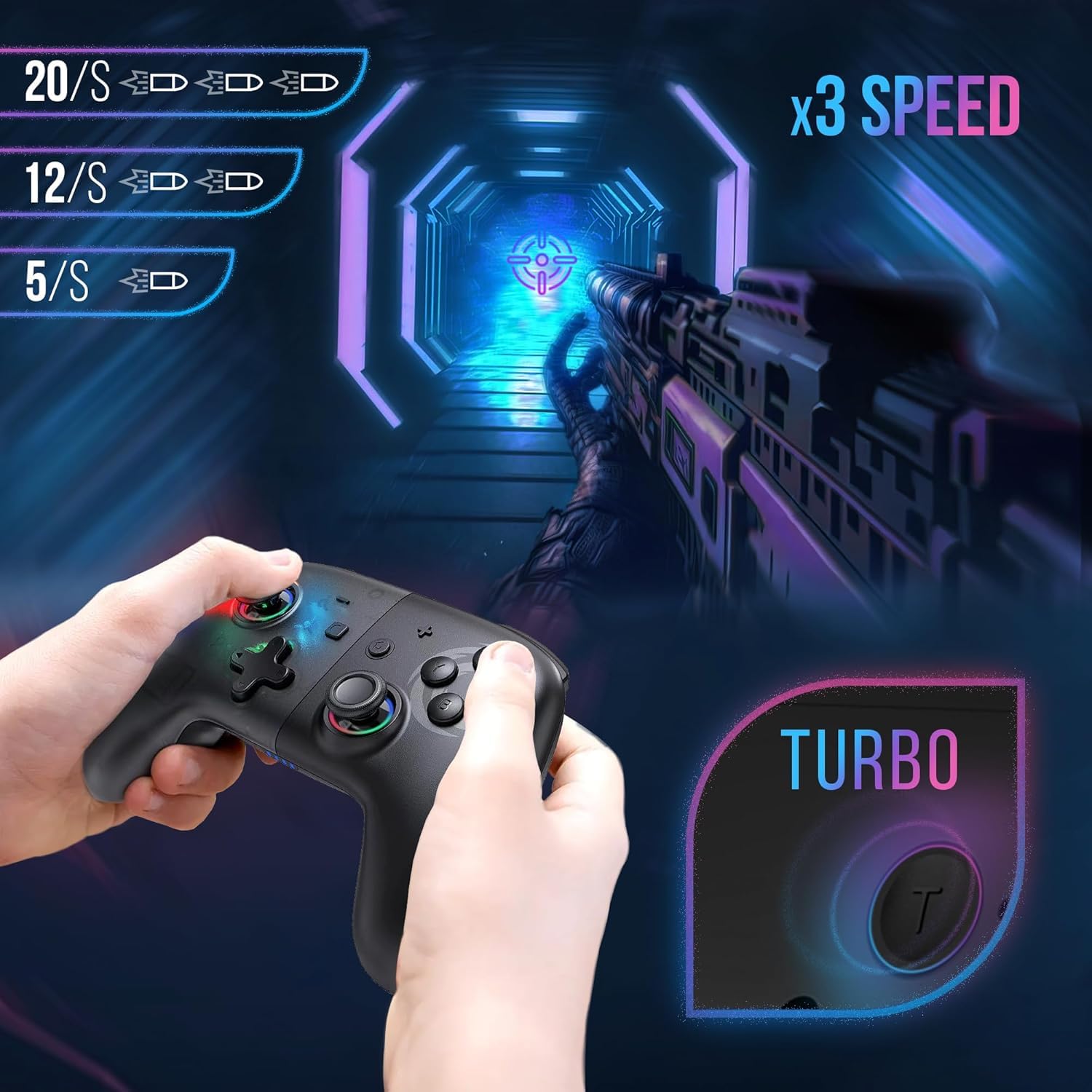 Black Star - Controller Switch Wireless LED Bluetooth per Switch, Switch OLED, Switch Lite (Compatibile con iOS e Android) - Vibrazione - modalità Turbo - Giroscopio a 6 Assi - Nero