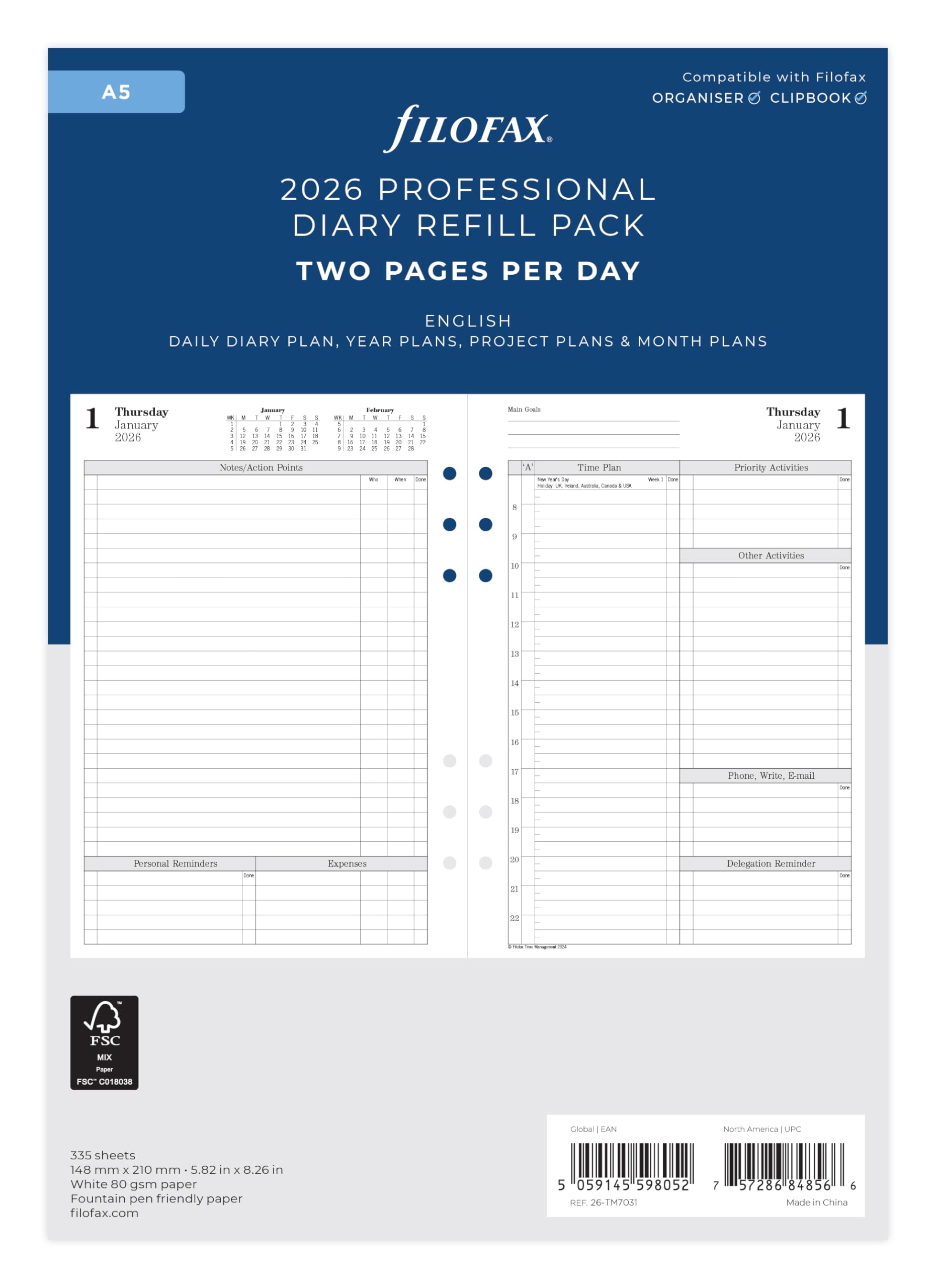 Filofax Agenda giornaliera 2026, formato A5, 26-TM7031