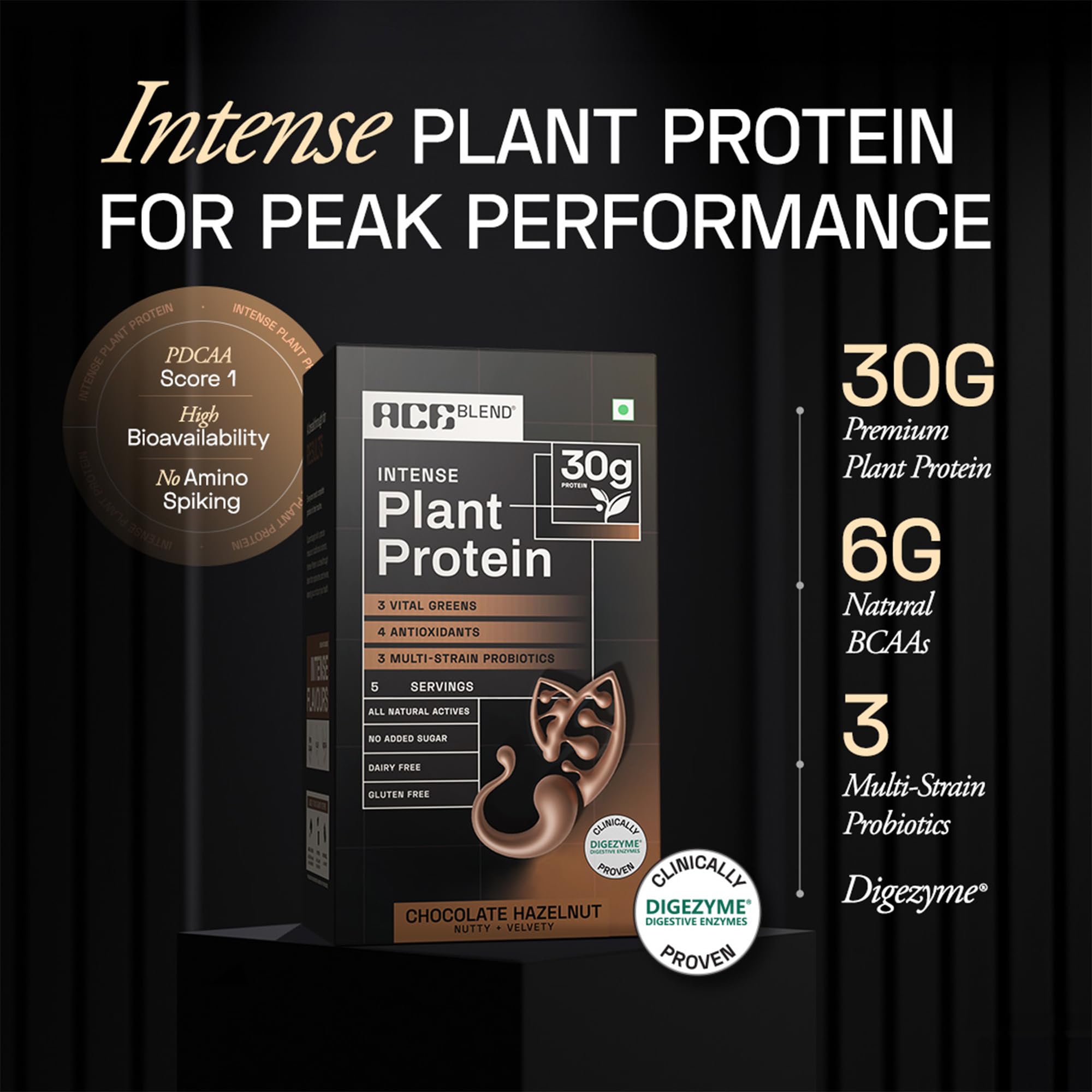 Ace Blend Intense 30g Plant Protein | Supports Muscle Growth & Recovery | Reduces Post-Workout Fatigue | 6g BCAA Amino Profile | Easy to Digest | For Men & Women | Chocolate Hazelnut (4 Servings)