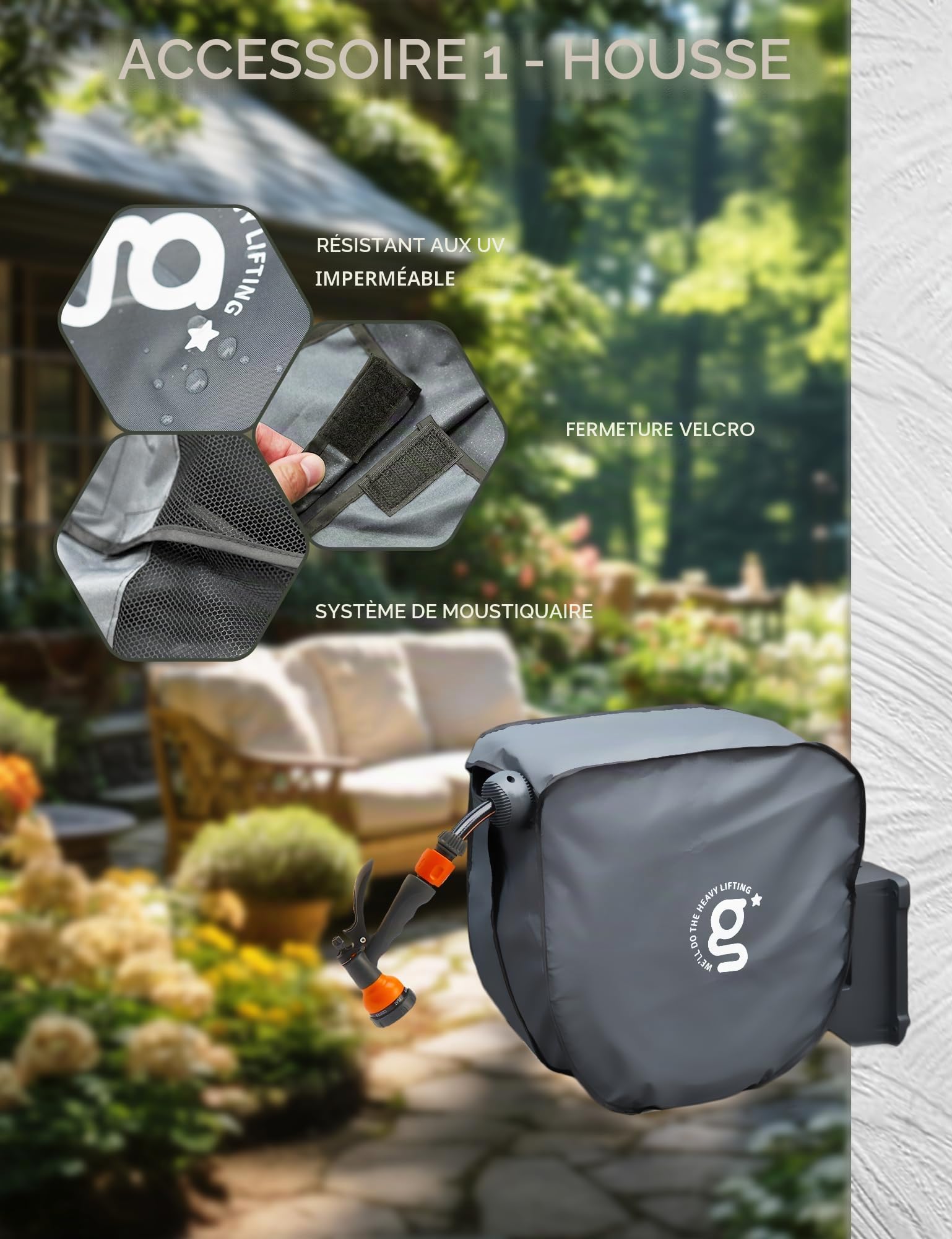 Giraffe Tools Enrouleur de tuyau d'arrosage avec répartiteur de robinet et couvercle, tuyau rétractable de 30 m
